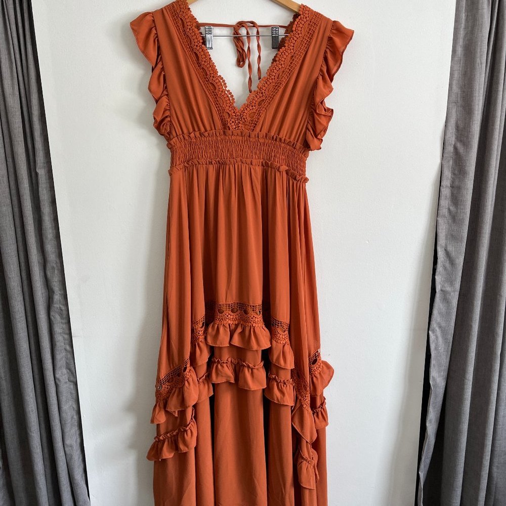 Baltic Born Jasmine Rust Ruffle Maxi Dress, Size Large